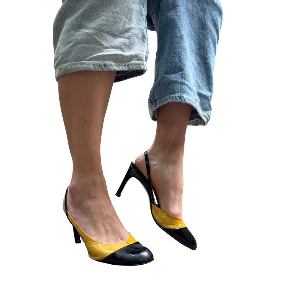 Chanel Vintage Patent Leather Slingback Pumps Yellow Black Cap Toe Heels 36.5